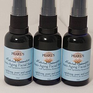 May include: Three dark blue cosmetic serum bottles with black spray tops. Each bottle has a light blue label with the text "PEARL'S Natural Cosmetic Anti-Aging Facial Serum" and other text. The bottles are 30ml each.