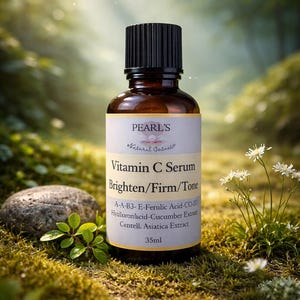 May include: A brown glass bottle of Vitamin C Serum with a black cap, labeled "PEARL'S Natural Cosmetics." The label reads "Brighten/Firm/Tone" and lists ingredients. The bottle contains 35ml of product and is set in a natural outdoor scene.