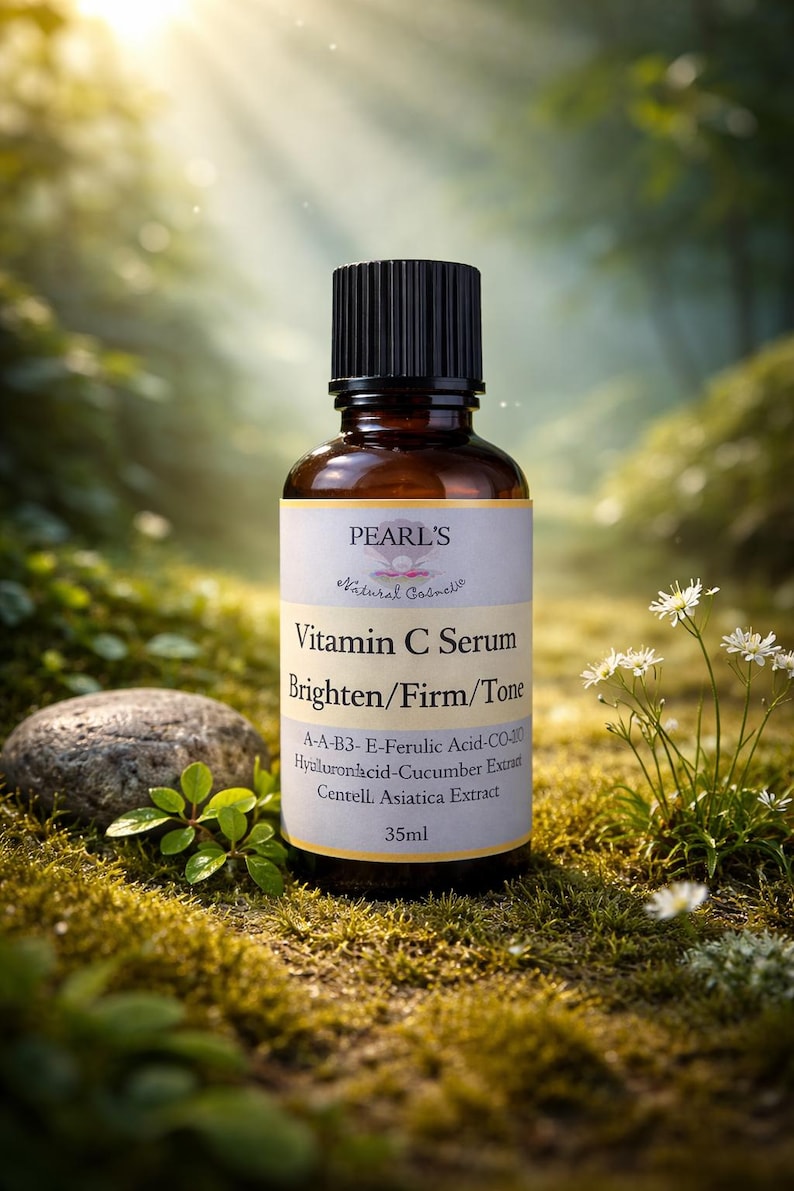 May include: A brown glass bottle of Vitamin C Serum with a black cap, labeled "PEARL'S Natural Cosmetics." The label reads "Brighten/Firm/Tone" and lists ingredients. The bottle contains 35ml of product and is set in a natural outdoor scene.