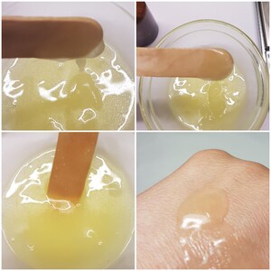 May include: Four-panel image showing a light yellow, viscous liquid in a glass bowl, on a wooden stick, and on skin. The liquid appears to be a cosmetic product, possibly a serum or oil. A brown bottle is visible in the background.