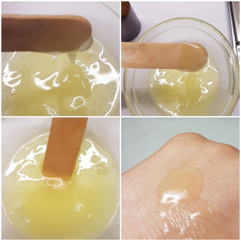 May include: Four-panel image showing a light yellow, viscous liquid in a glass bowl, on a wooden stick, and on skin. The liquid appears to be a cosmetic product, possibly a serum or oil. A brown bottle is visible in the background.