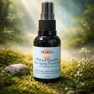 May include: A dark blue glass bottle of Pearl's Natural Cosmetic Anti-Aging Facial Serum with a black spray nozzle. The label includes the text "uplifting, pure and natural" and "30ml". The bottle is set on a bed of moss.