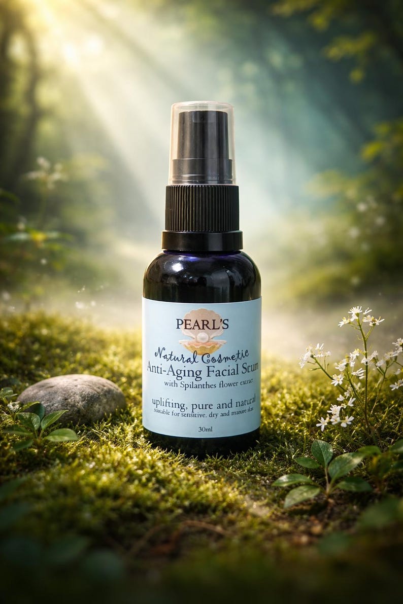 May include: A dark blue glass bottle of Pearl's Natural Cosmetic Anti-Aging Facial Serum with a black spray nozzle. The label includes the text "uplifting, pure and natural" and "30ml". The bottle is set on a bed of moss.