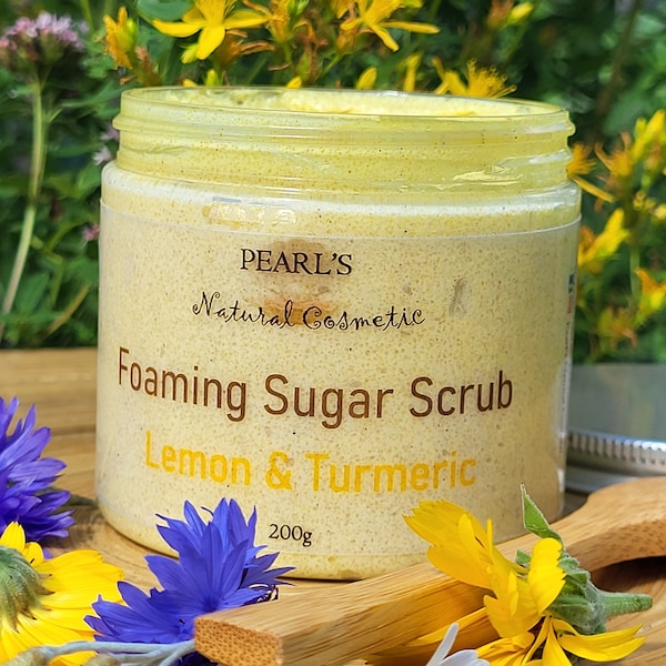 LEMON & TURMERIC FOAMING Body Sugar Scrub, Whipped Soap, Body Scrub, Whipped Sugar Scrub, Body Polish, 200g