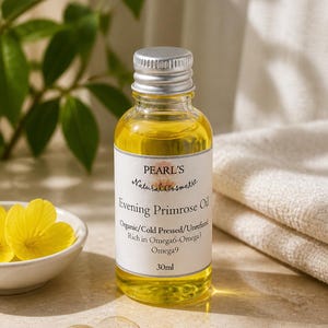 Puede incluir: Un frasco de vidrio transparente de aceite de onagra Pearl's Natural Cosmetic con tapa de rosca plateada. La etiqueta dice: Pearl's Natural Cosmetic, Evening Primrose Oil, Organic/Cold Pressed/Unrefined, Rich in Omega6-Omega3, Omega9, 30ml.