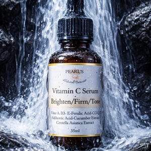 May include: A brown glass bottle of Pearl's Vitamin C Serum, with a black dropper, set against a waterfall backdrop. The label reads "Brighten/Firm/Tone" and lists ingredients. The bottle contains 35ml of serum.