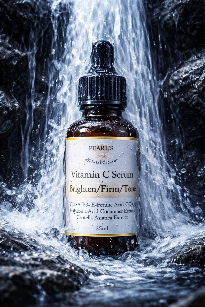 May include: A brown glass bottle of Pearl's Vitamin C Serum, with a black dropper, set against a waterfall backdrop. The label reads "Brighten/Firm/Tone" and lists ingredients. The bottle contains 35ml of serum.