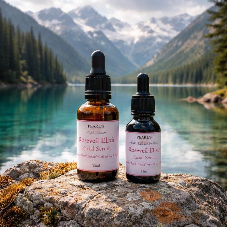 May include: Two amber glass bottles of facial serum with black droppers, labeled "Roseveil Elixir Facial Serum." The bottles are set on a rock with a lake and mountains in the background. One bottle contains 30ml, the other 15ml.