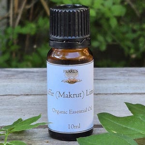 May include: A brown glass bottle of organic essential oil with a black cap. The label reads "Kaffir (Makrut) Lime" and "10ml". The bottle is set against a background of green foliage.