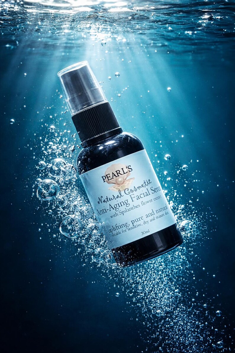 May include: A black bottle of Pearl's Natural Cosmetic Anti-Aging Facial Serum with a clear spray top. The label includes the text "uplifting, pure and natural" and "30ml". The background is a blue aquatic scene with bubbles.