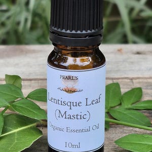 Könnte beinhalten: Eine kleine braune Glasflasche mit Bio-Ätherischem Öl und einem schwarzen Deckel. Das Etikett trägt die Aufschrift "Lentisque Leaf (Mastic) Organic Essential Oil" und "10ml". Die Flasche ist von grünen Blättern umgeben.