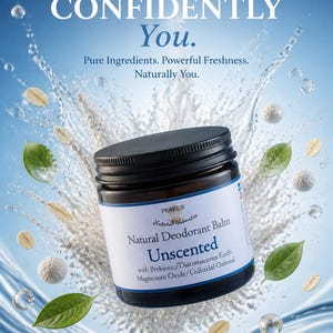 Op de afbeelding: Een donkere glazen pot met Pearl's Natural Cosmetic ongeparfumeerde natuurlijke deodorantbalsem met een zwarte deksel. Het etiket vermeldt prebiotica, diatomeeënaarde, magnesiumoxide en colloïdale havermout. Omringd door waterspatten, groene bladeren en havervlokken.