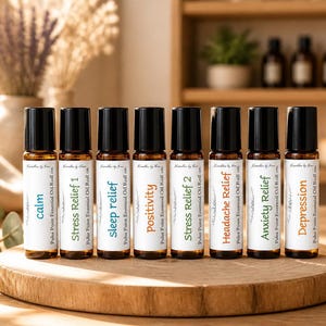 Puede incluir: Ocho frascos de vidrio ámbar con aplicador de bola y etiquetas blancas, cada uno con tapa negra y texto distintivo: Calm, Stress Relief 1, Sleep Relief, Positivity, Stress Relief 2, Headache Relief, Anxiety Relief y Depression.