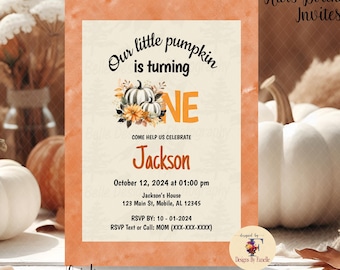 Pumpkin First Birthday Invitation, Fall Birthday Invitation, Our Little Pumpkin Is Turning One, Printable