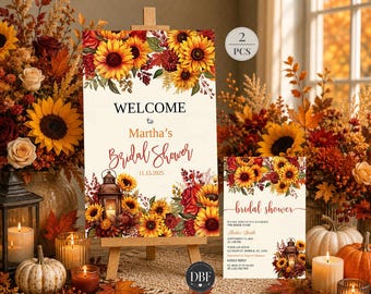 Editable Bridal Shower Bundle, Sunflower Bridal Shower Invitation and Welcome Sign, Printable Fall Wedding Shower Set