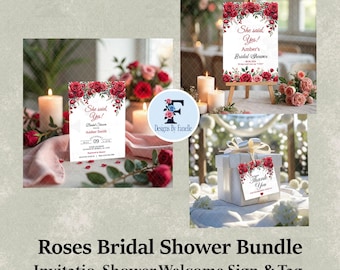 Roses Bridal Bundle, She Said Yes Bundle, Romantic Bridal Shower Invite, Red Roses Shower Welcome Sign, Celebrating With Us Favor Tag