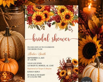 Fall Sunflower Bridal Shower Invitation, Sunflower Bridal Shower Invite, Editable Printable Template, Rustic Boho Wedding Shower