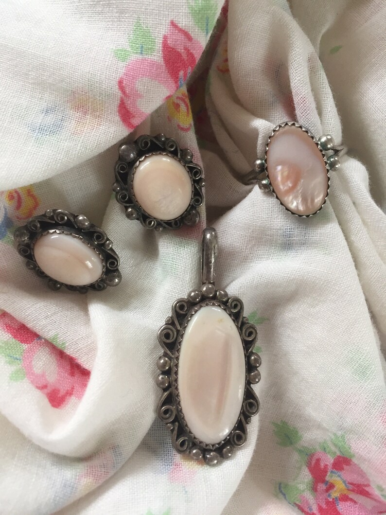 Earrings Ring Sterling Silver Mother of Pearl Pendant