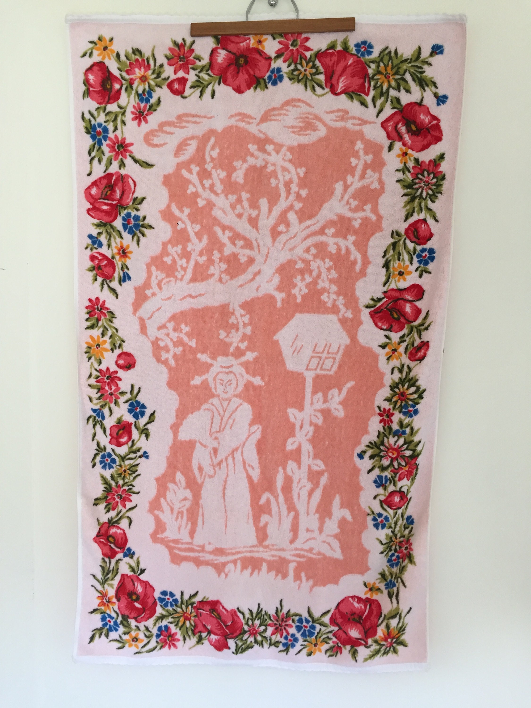 Bath Towels Vintage Bathroom Floral Print Terry Cloth Etsy