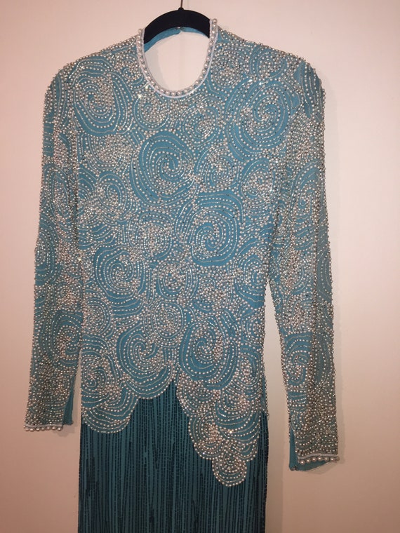 Beaded Silk Dress, Beaded Gown, Blue Formal Dress,