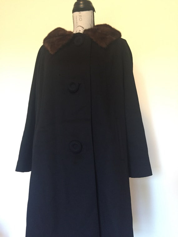 Wool Black Jacket with Fur Collar, Vintage Coat, B