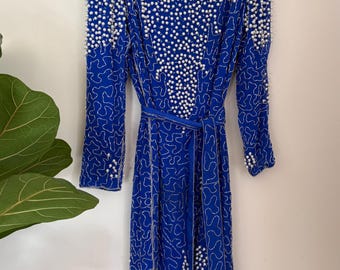 Beaded dress, silk, blue formal dress, silk