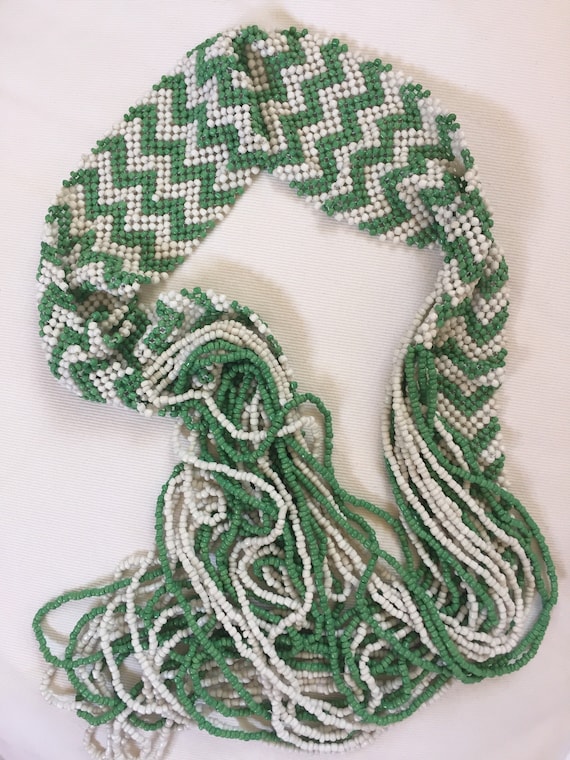 Green and White Beaded Necklace, Vintage, long Ne… - image 1