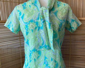 Blouse, Blue and Green, Vintage Top, Womens Shirt