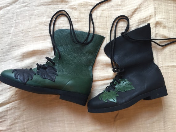 Leather Boots, Ropers, Boho, Black and Green, Lace