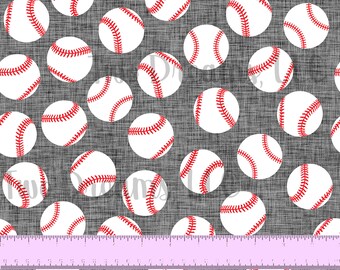 Baseballs on Charcoal Gray Grey Jersey Knit Cotton Spandex Linen Look Baseball Fabric Sports Cotton Knit CPSIA Certified