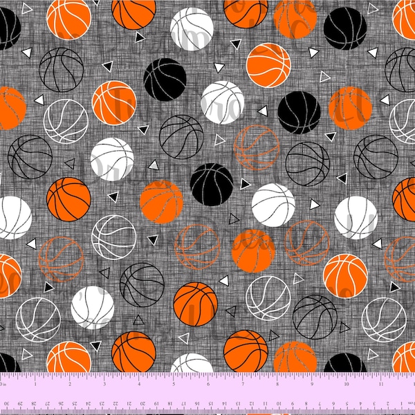 Basketballs on Charcoal Gray Grey Jersey Knit Cotton Spandex Linen Look Boy Basketball Fabric Sports Cotton Knit CPSIA Certified