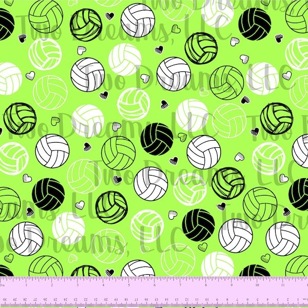 100% COTTON Volleyballs on Neon Green Hearts Love 60 Inches WIDE Cotton Fabric Linen Look Volleyball Fabric Sports CPSIa Certified