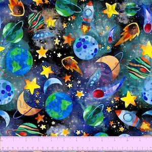 May include: A colorful, watercolor-style fabric design featuring planets, stars, comets, and spaceships on a dark blue background. The design is perfect for creating unique and fun projects.
