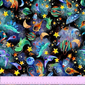 May include: A black background with a watercolor galaxy pattern featuring colorful dinosaurs, planets, stars, comets, and spaceships.