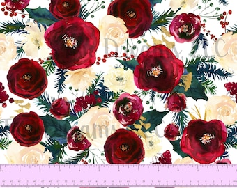 Watercolor Christmas Floral Cotton Spandex Jersey Knit Fabric Burgundy Wine Red Rose Green Gold Berries Christmas Rose Winter Floral