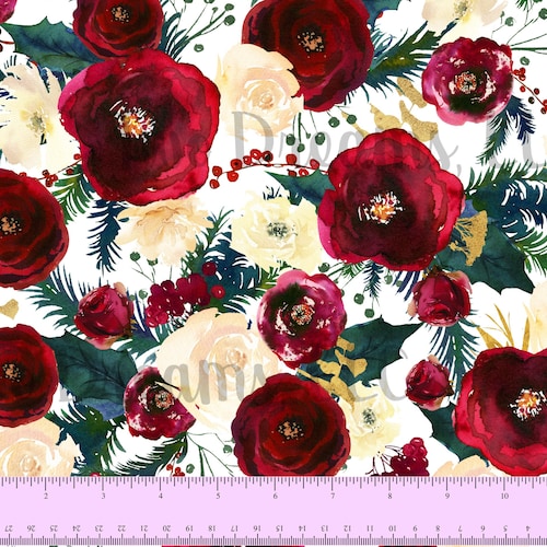 Christmas Jersey Knit Floral Christmas Winter Berries Cotton Etsy