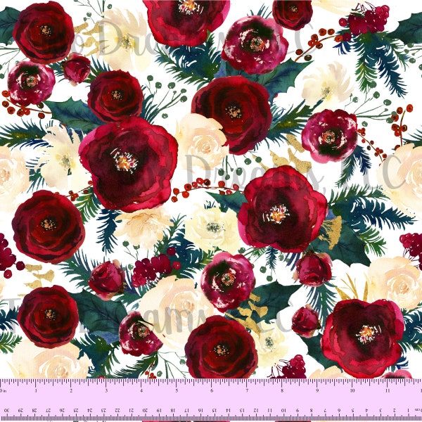 Watercolor Christmas Floral Cotton Spandex Jersey Knit Fabric Burgundy Wine Red Rose Green Gold Berries Christmas Rose Winter Floral