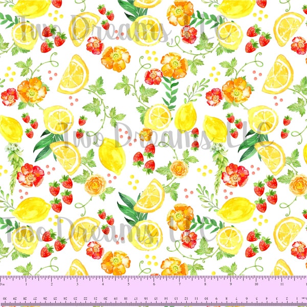 Strawberry Lemon Watercolor Floral Jersey Knit Cotton Spandex Cotton Knit CPSIA Certified Summer Lemonade Knit Strawberries