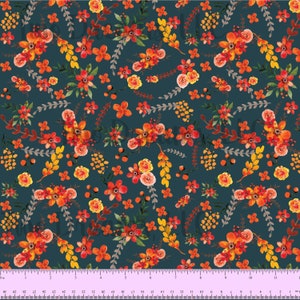 Fall Teal Floral Jersey Knit Floral Pumpkins Berries Cotton Spandex Orange Yellow Red Knit  Fabric Floral Custom CPSIA Certified