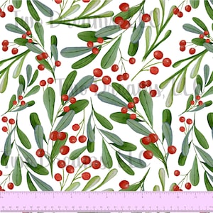 May include: A seamless pattern featuring red berries and green leaves on a white background. The pattern is perfect for holiday crafts and projects.