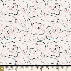 Let&#39;s Chalk Outlines in KNIT AGF White Green Pink Floral Outlines Roses Cotton Spandex Stretch Apparel Fabric Jersey Knit Art Gallery