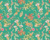 AGF KNIT Green Floral Fabric Cottagely Posy Cotton Spandex Fabric Jersey Knit Art Gallery Fabric Green Pink Orange Floral Fabric Stretch