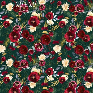 May include: A seamless pattern featuring a repeating design of burgundy red and white flowers on a dark green background. The flowers are surrounded by gold and gray leaves and stems.