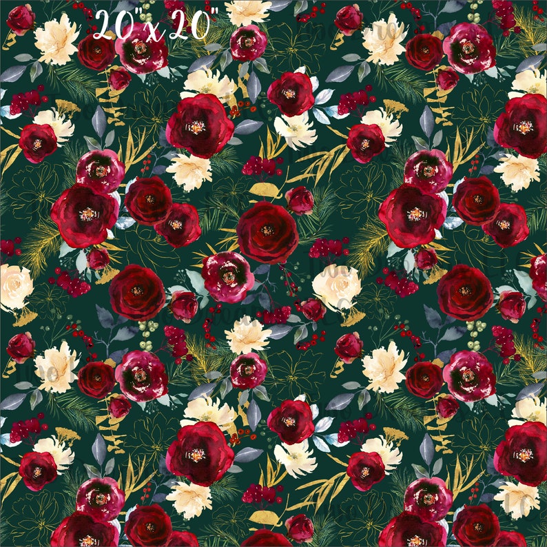 May include: A seamless pattern featuring a repeating design of burgundy red and white flowers on a dark green background. The flowers are surrounded by gold and gray leaves and stems.