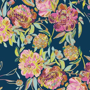 May include: A navy blue background with a floral pattern. The flowers are pink, yellow, and orange with green leaves. The flowers are painted in a loose, abstract style.