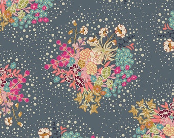 Powder Bloom in Knit AGF KNIT Grau Teal Blumen Baumwolle Spandex Stretch-Stoff Jersey Art Gallery Fabrics Bekleidungsstoff Blumen gestrickt