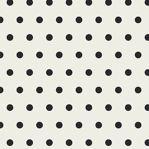 May include: A seamless pattern of black polka dots on a white background.