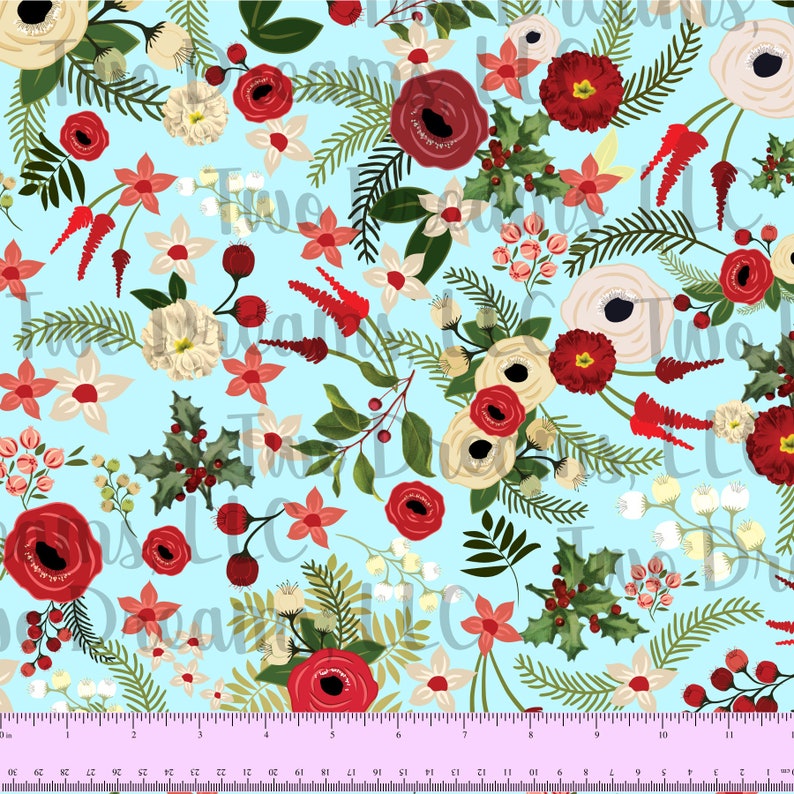 Christmas Jersey Knit Vintage Aqua Blue Floral Christmas Etsy