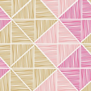 May include: A seamless pattern with a geometric design featuring pink and gold stripes within triangles.