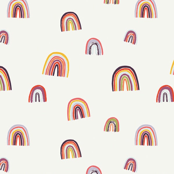 Fortunate Chirapa in Knit AGF KNIT Rainbow Fabric Cotton Fabric Jersey Rainbows Pink Purple Yellow Fabric Art Gallery Stretch Fabric Baby